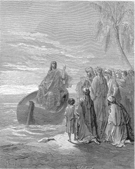 Luc 5, 1-3 : Jésus prêchant sur le lac de Gennésaret - Gravure de Gustave Doré