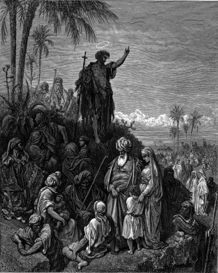 Marc 1, 6-7 : Jean-Baptiste prêchant dans le désert - Gravure de Gustave Doré