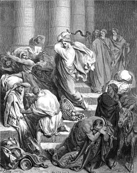 Marc 11, 15-18 : Jésus chasse les marchands du Temple - Gravure de Gustave Doré