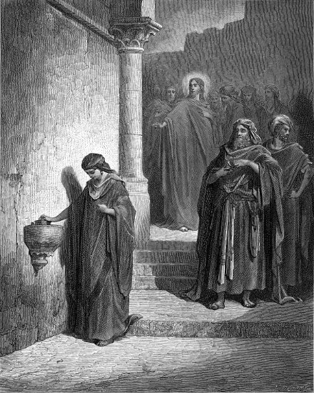 Marc 12, 38-44 : L'obole de la veuve - Gravure de Gustave Doré