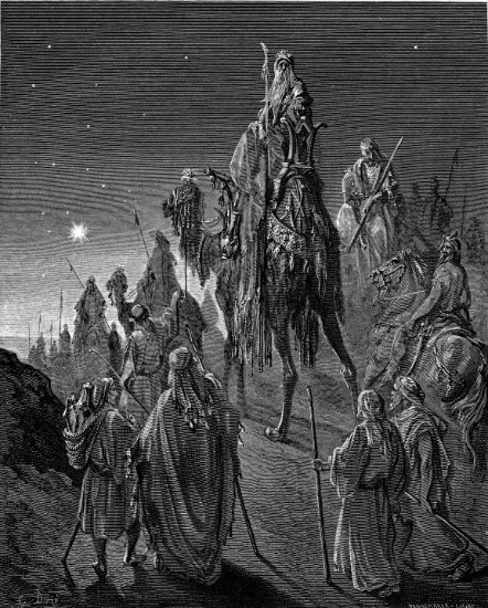 Matthieu 2, 1-10 : Les Mages guidés par une étoile mystérieuse - Gravure de Gustave Doré