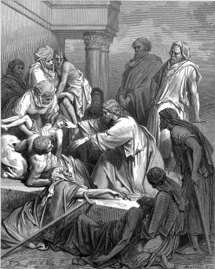 Matthieu 4, 24-25 : Jésus guérissant les malades - Gravure de Gustave Doré
