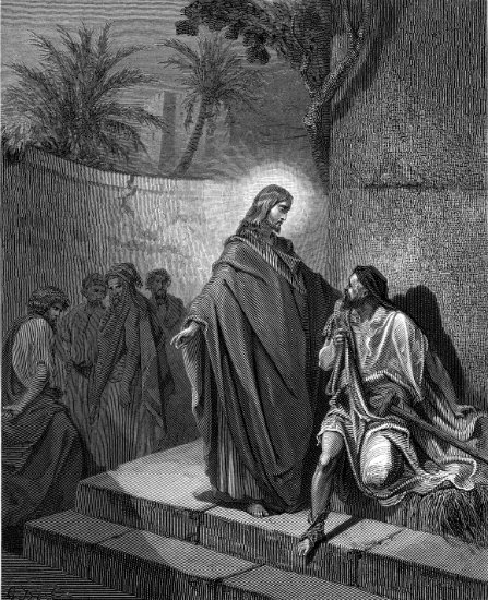 Matthieu 9, 31-35 : Jésus guérit un muet possédé du démon - Gravure de Gustave Doré