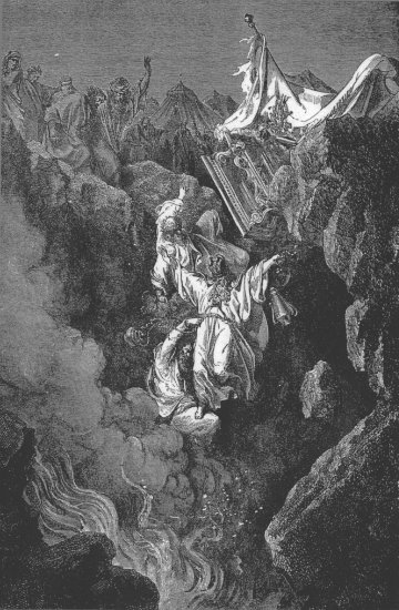 Nombres 16, 20-32 : Châtiment de Coré, Datân et Abiram - Gravure de Gustave Doré
