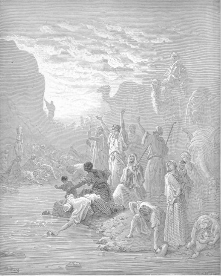 Nombres 20, 1-11 : Moïse fait jaillir l'eau du rocher - Gravure de Gustave Doré