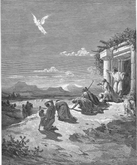 Tobie 12, 10-22 : La famille de Tobie voit disparaître l'Ange Raphaël - Gravure de Gustave Doré